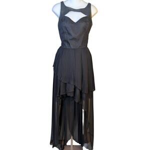 Donna Mizani Black Leather & Chiffon Gothic Maxi Dress Pleated Asymmetrical